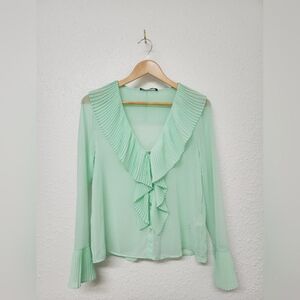 ZARA women's blouse, size XS, mint green, ruffles, romantic, button up, girly